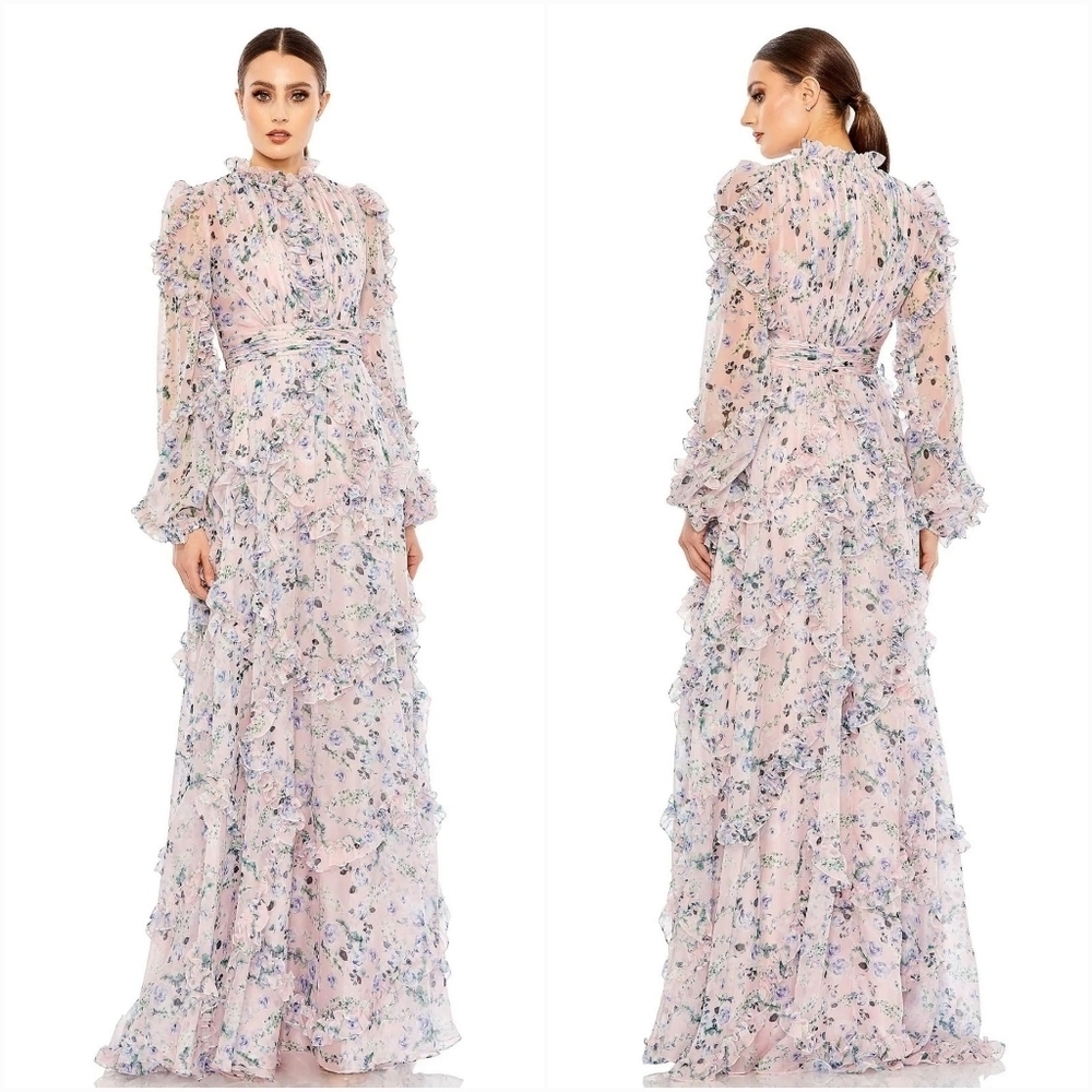 Mac Duggal Ruffle Tiered Puff Sleeve A Line Dress
